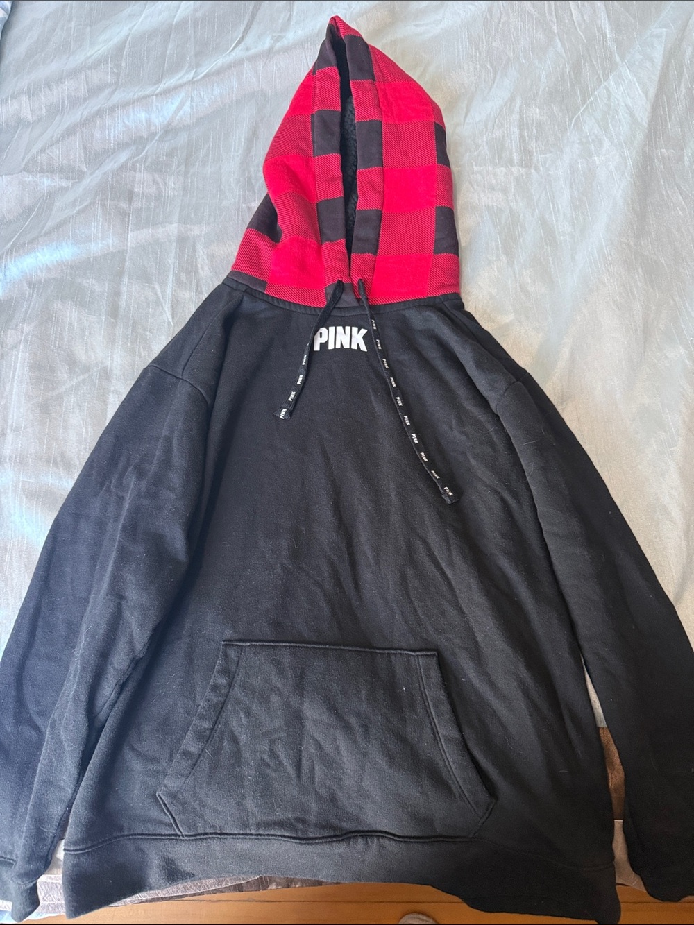 PINK Victoria's Secret Black Hoodie with Red Plaid Hood